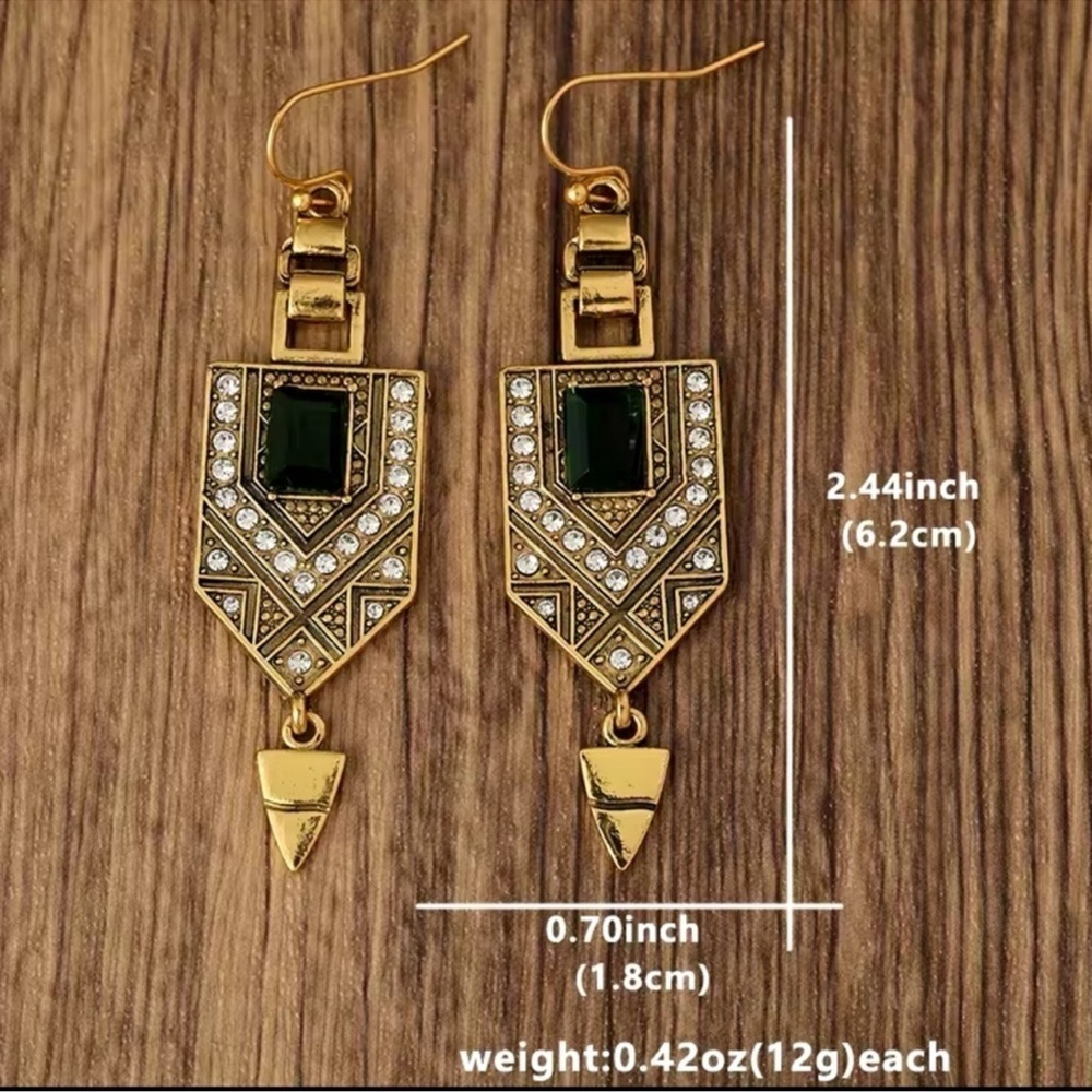 Marquis Ethnic Vintage Emerald Bronze Brushed Earrings - Picture 8 of 9
